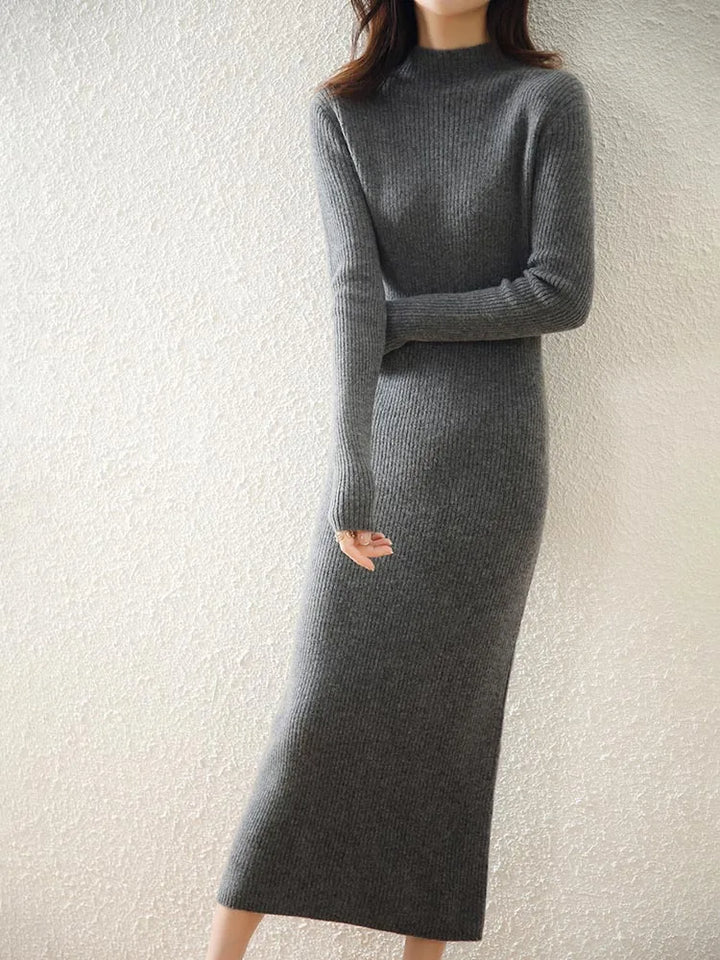 Women's Wool Knit Ribbed Long Sleeve Midi Dress 