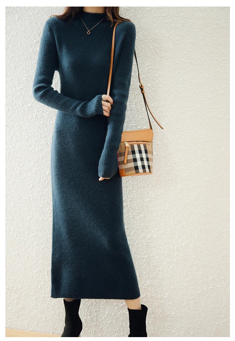 Women's Wool Knit Ribbed Long Sleeve Midi Dress 
