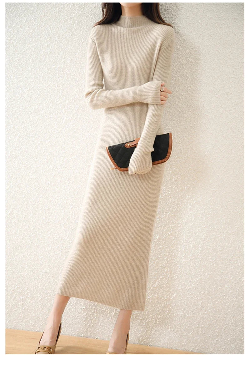 Women's Wool Knit Ribbed Long Sleeve Midi Dress 
