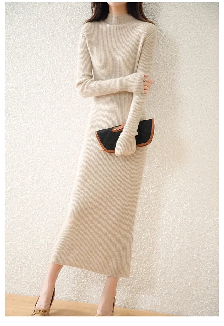 Women's Wool Knit Ribbed Long Sleeve Midi Dress 