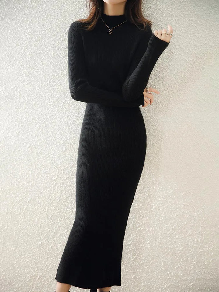 Women's Wool Knit Ribbed Long Sleeve Midi Dress 