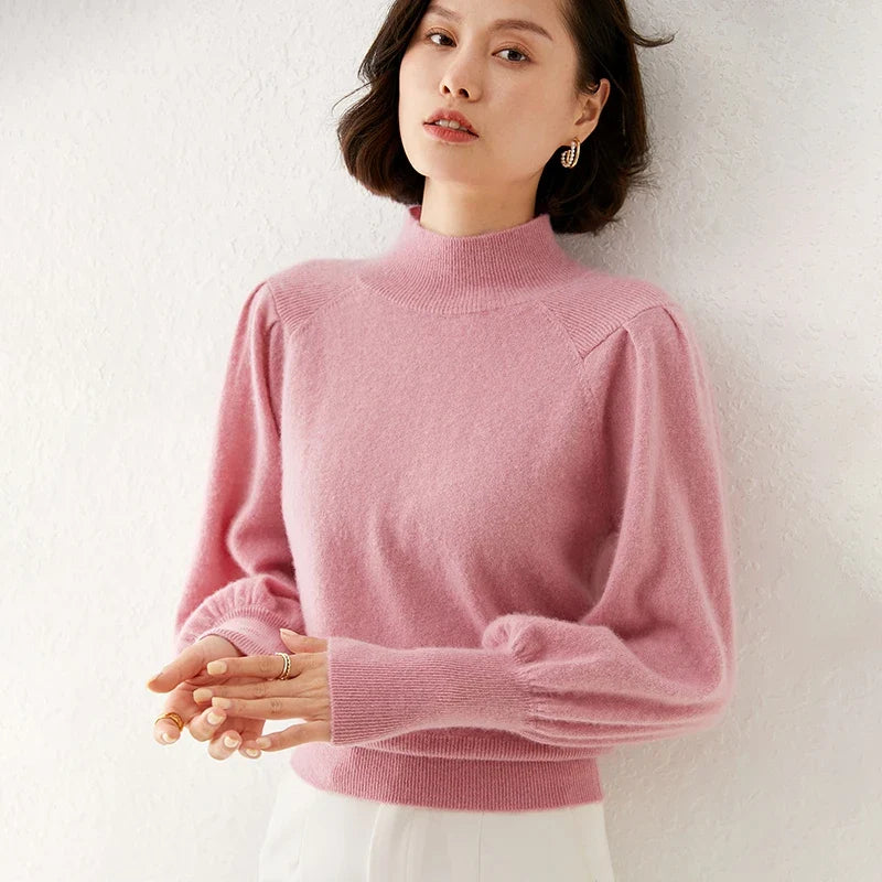 Women's Merino Wool Mock Neck Long Sleeve Knit Pullover Jumper