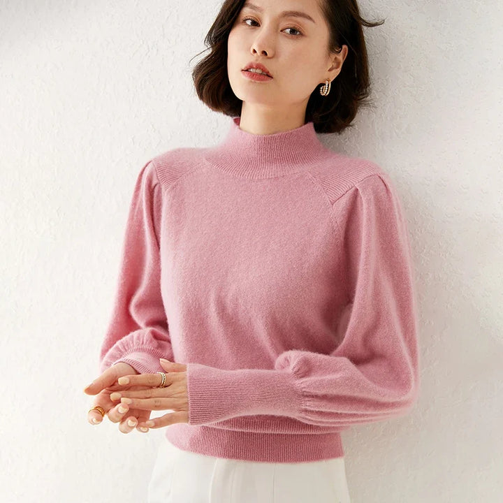 Women's Merino Wool Mock Neck Long Sleeve Knit Pullover Jumper