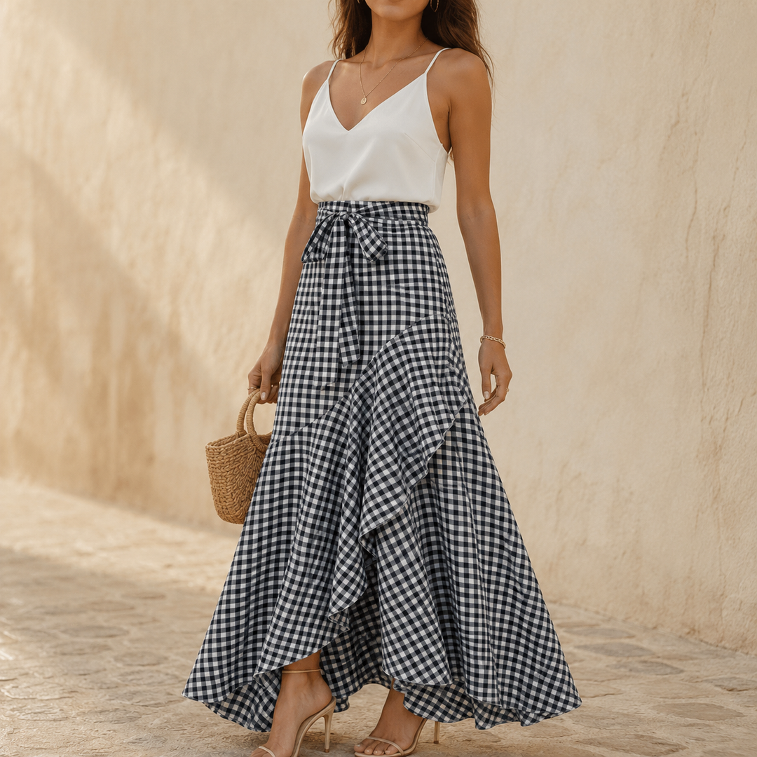 Női lenvászon gingham fodros, magas derekú, kockás maxi szoknya, bokáig érő fazon