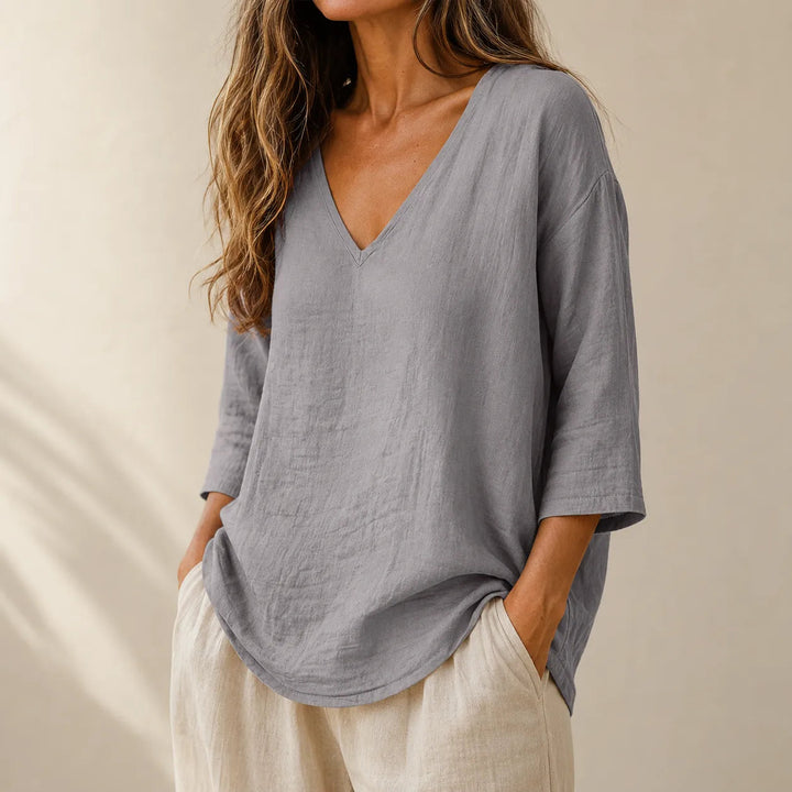 Women's Linen Oversized V-Neck T-Shirt Loose Casual Half-Sleeve Top