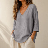 Women's Linen Oversized V-Neck T-Shirt Loose Casual Half-Sleeve Top