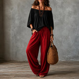 Women's Linen Blend Off-Shoulder Top and Wide-Leg Pants Two-Piece Set