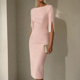 Women Crepe Pearl Sleeve Slim Fit Pencil Midi Dress