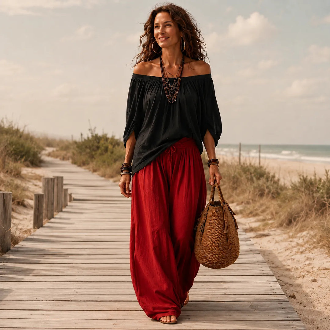 Women's Linen Blend Off-Shoulder Top and Wide-Leg Pants Two-Piece Set