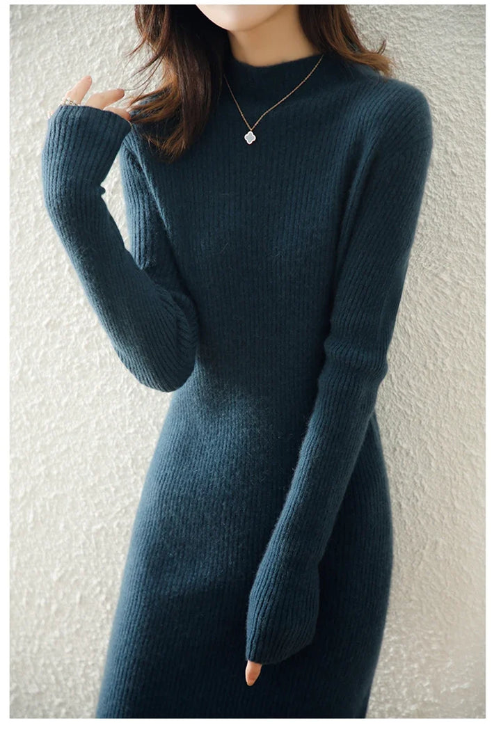 Women's Wool Knit Ribbed Long Sleeve Midi Dress 