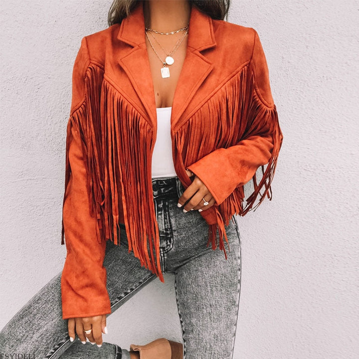 Women’s Faux Suede Western Fringe Jacket Modern Cut Top