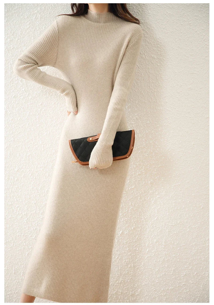 Women's Wool Knit Ribbed Long Sleeve Midi Dress 
