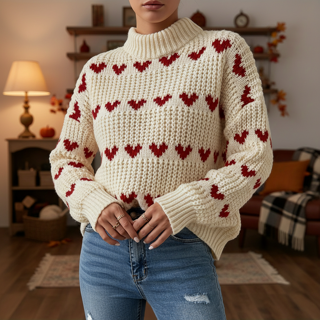 Women's Heart-Pattern High-Neck Wool Knit Sweater