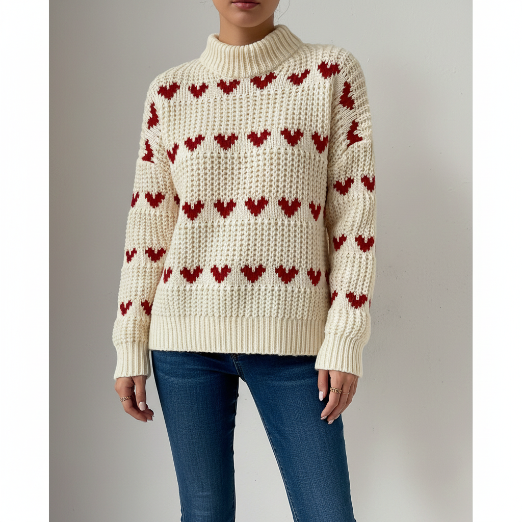 Women's Heart-Pattern High-Neck Wool Knit Sweater