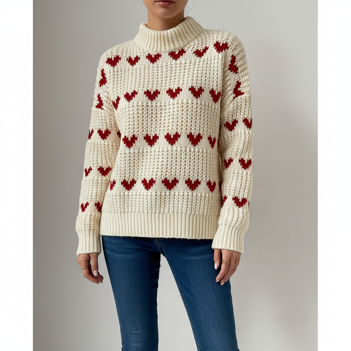 Women's Heart-Pattern High-Neck Wool Knit Sweater