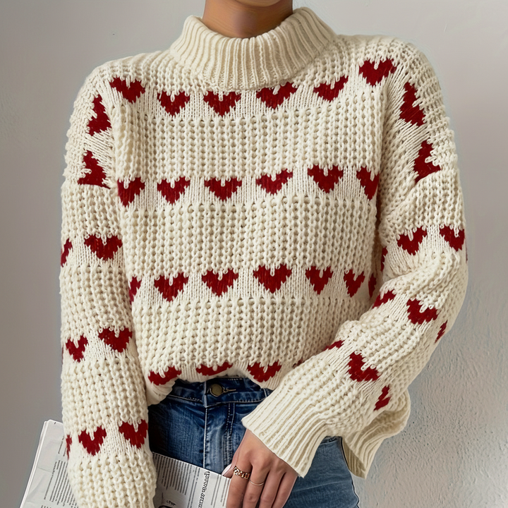 Women's Heart-Pattern High-Neck Wool Knit Sweater