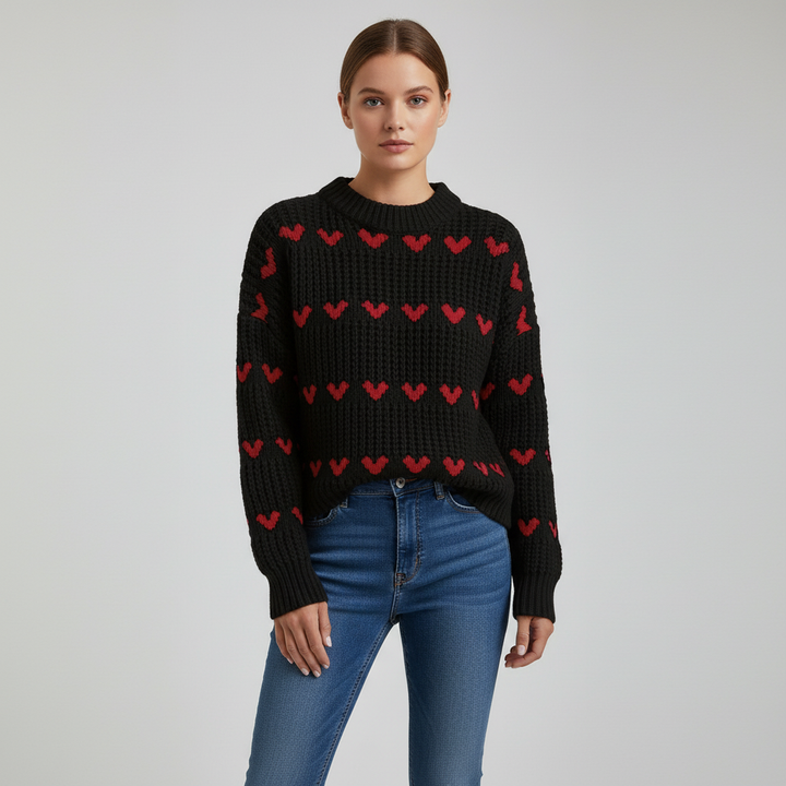 Women's Heart-Pattern High-Neck Wool Knit Sweater