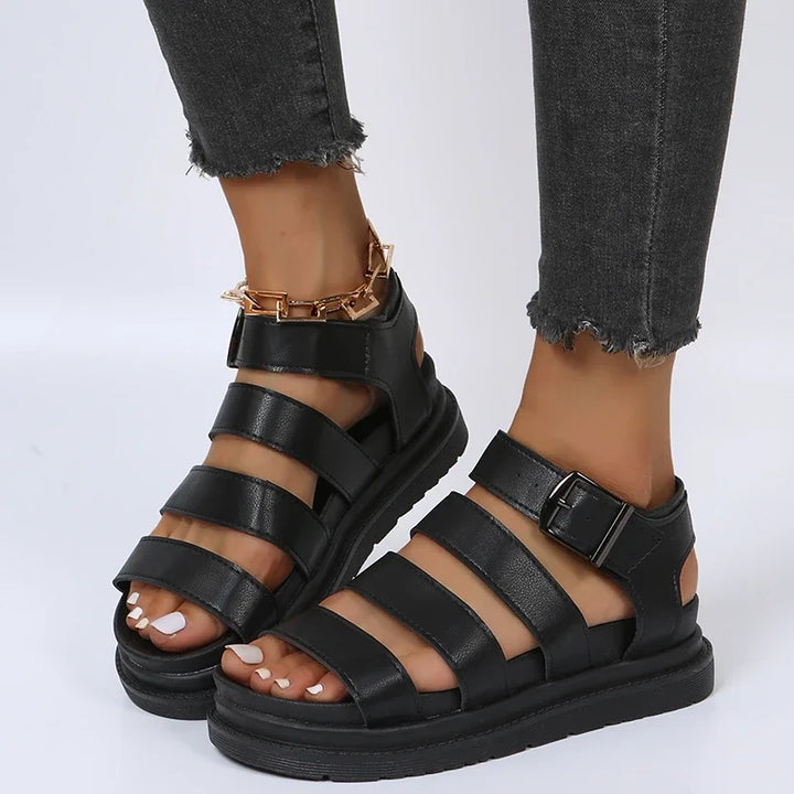 Women's Leather Wide Strap Adjustable Buckle Platform Sandals