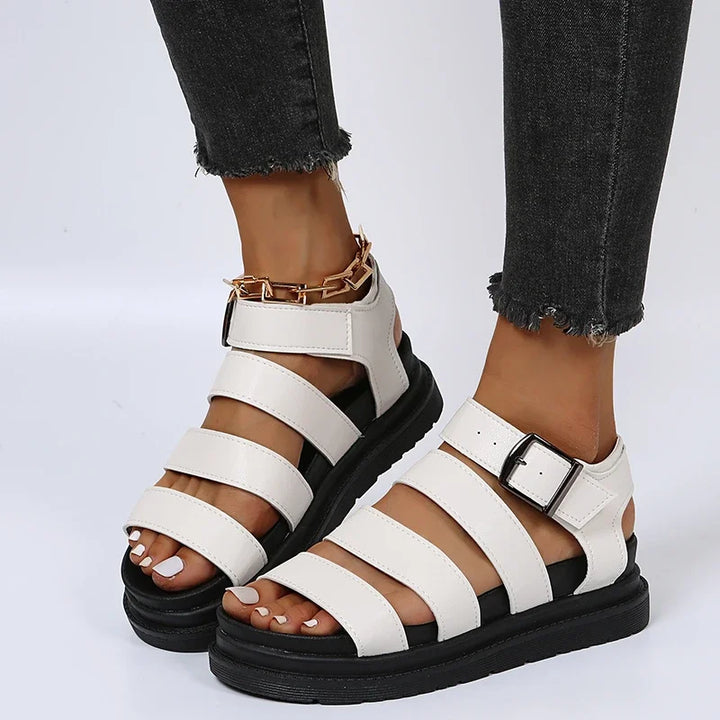 Women's Leather Wide Strap Adjustable Buckle Platform Sandals