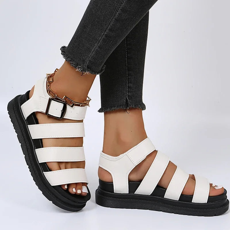 Women's Leather Wide Strap Adjustable Buckle Platform Sandals