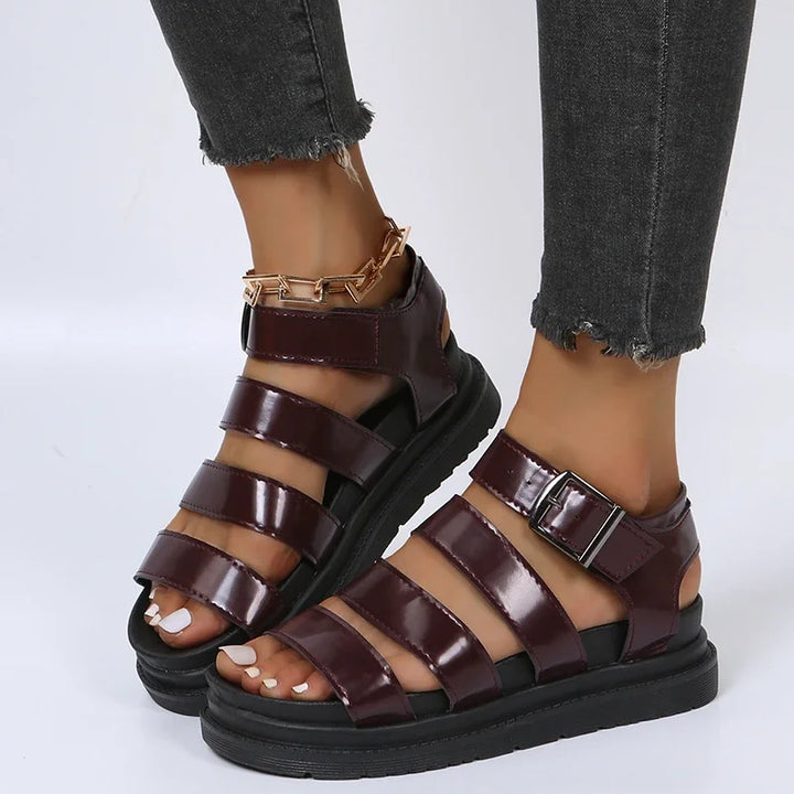 Women's Leather Platform Strappy Buckle Sandals