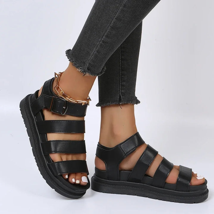 Women's Leather Wide Strap Adjustable Buckle Platform Sandals