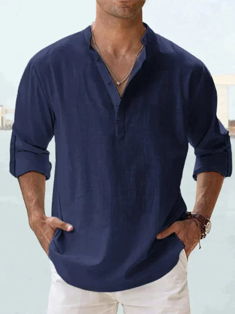 Men's Linen Henley Long Sleeve Relaxed Fit Shirt