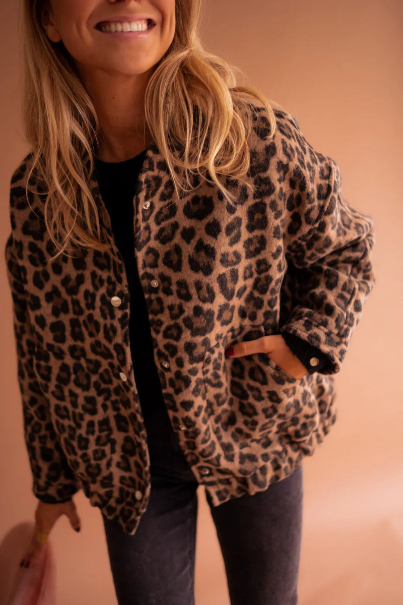 Women's Leopard Print Fleece Bomber Jacket