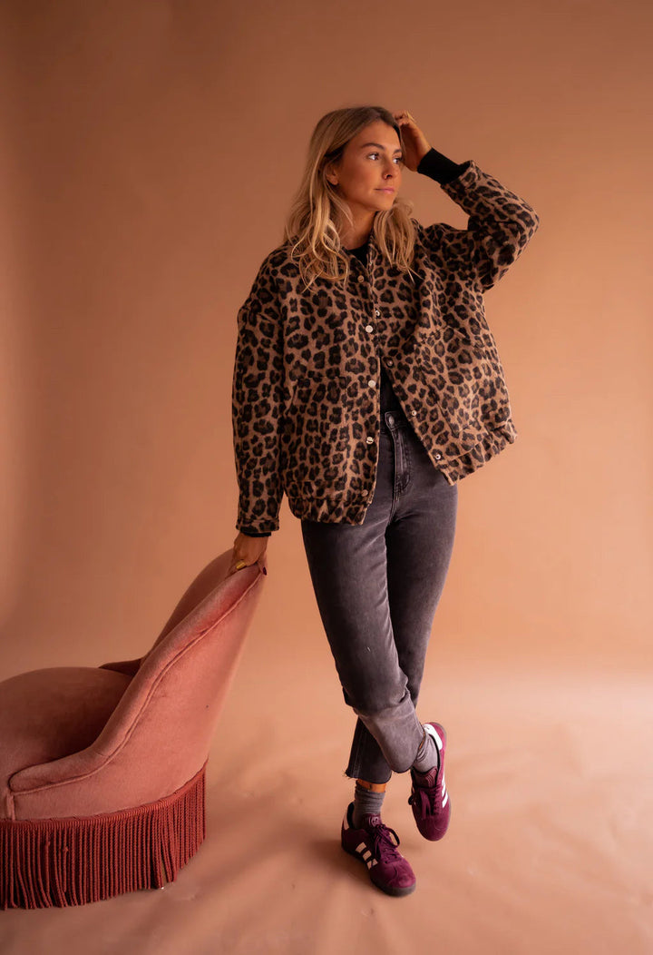 Women's Leopard Print Fleece Bomber Jacket