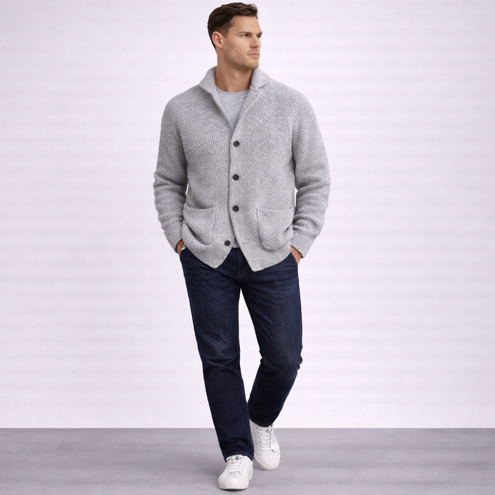 Men's Wool Ribbed Shawl Collar Long-Sleeve Cardigan