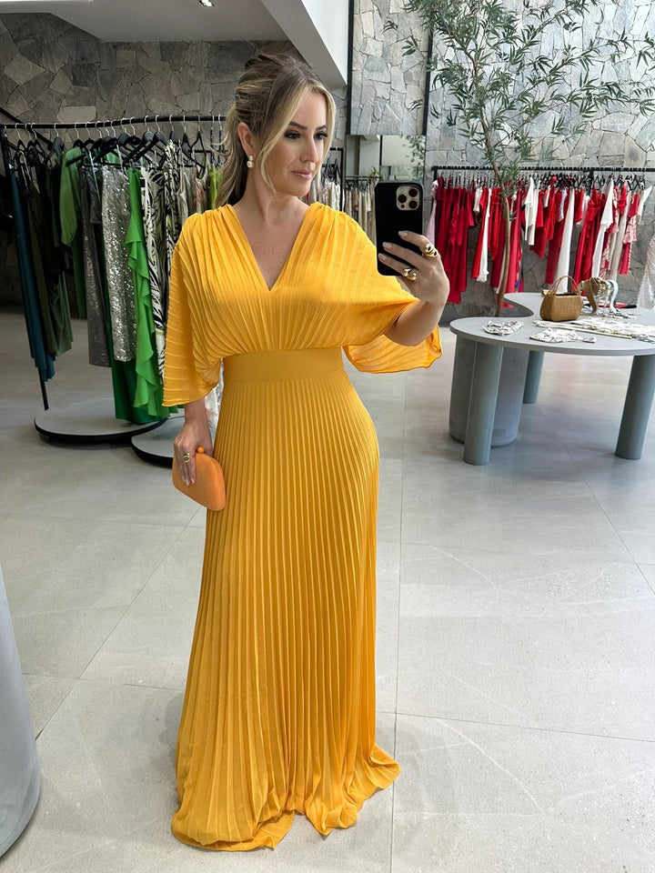 Women’s Pleated V-Neck Linen-Blend Maxi Dress