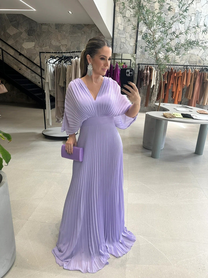 Women’s Pleated V-Neck Linen-Blend Maxi Dress
