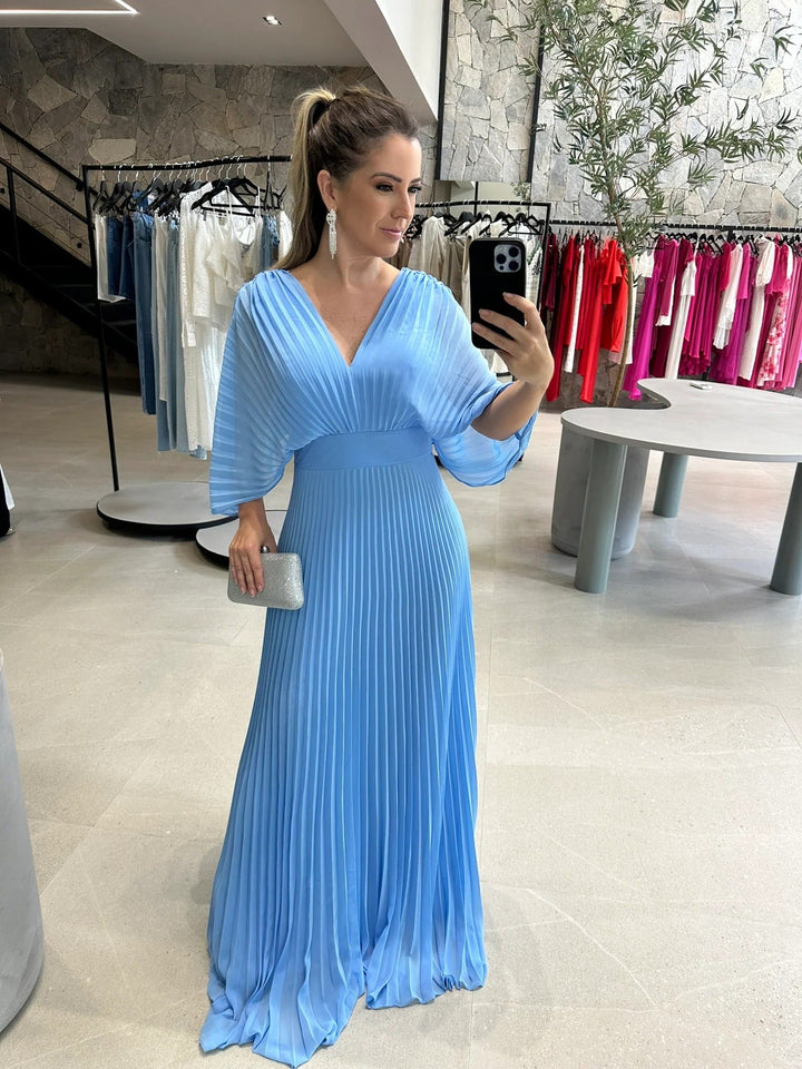 Women’s Pleated V-Neck Linen-Blend Maxi Dress