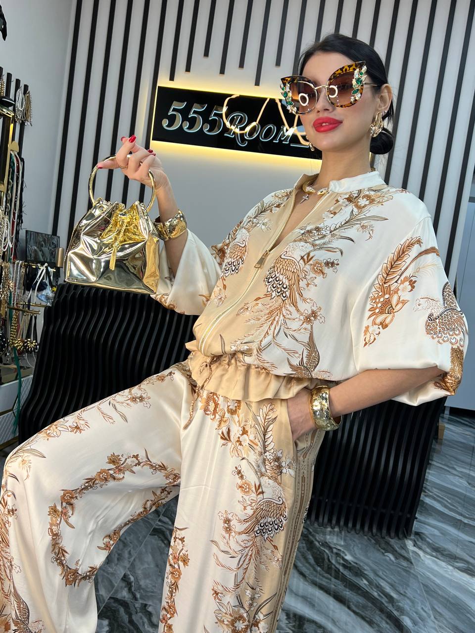 Women's Linen Lounge Set Patterned Wide Leg Trousers and Blouse 2 Piece Outfit