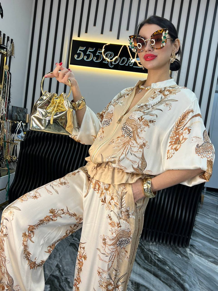 Women's Linen Lounge Set Patterned Wide Leg Trousers and Blouse 2 Piece Outfit