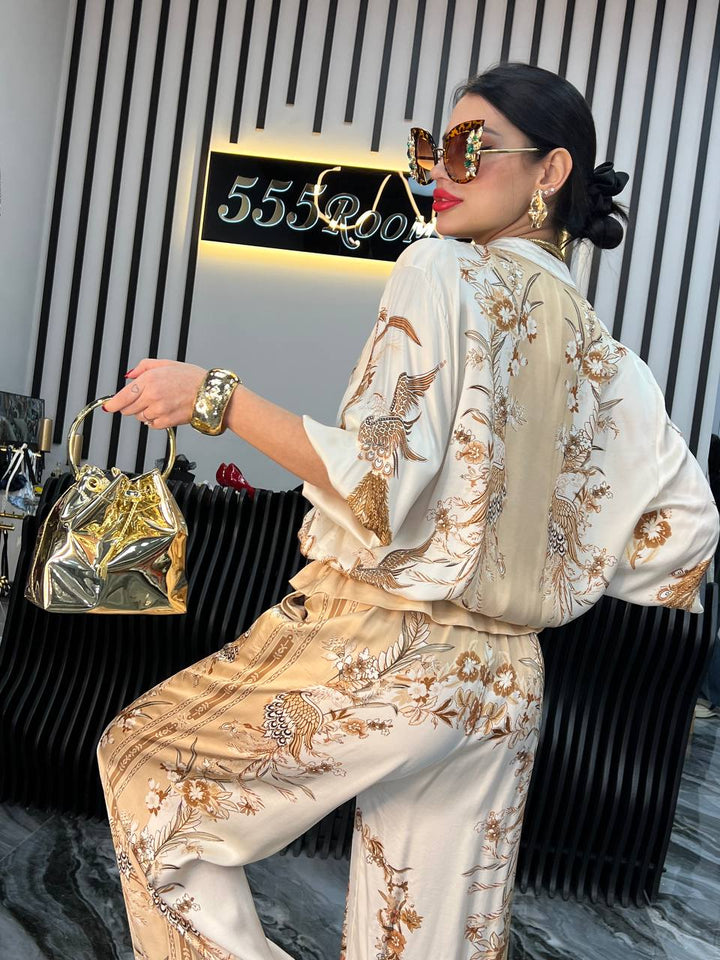 Women's Linen Lounge Set Patterned Wide Leg Trousers and Blouse 2 Piece Outfit