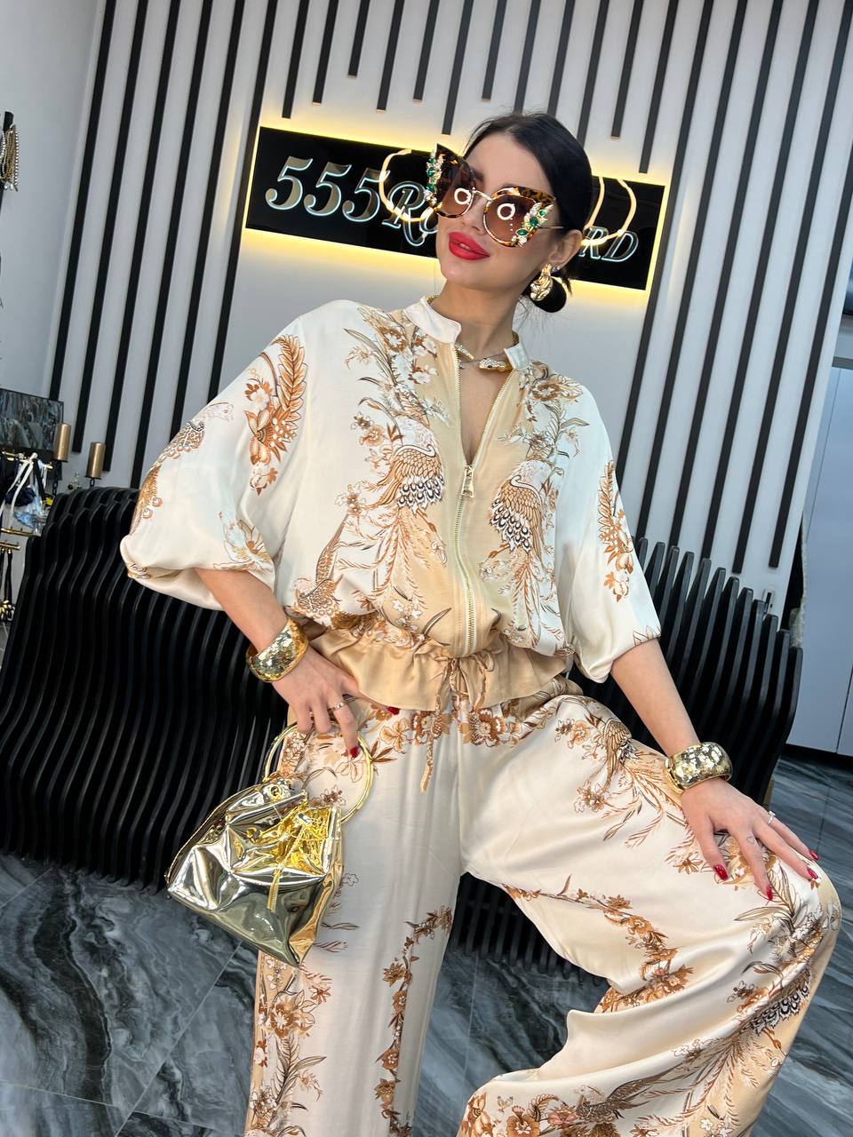 Women's Linen Lounge Set Patterned Wide Leg Trousers and Blouse 2 Piece Outfit