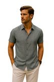 Linen Shirt Men Relaxed Collar Short Sleeve Breathable Lightweight Top