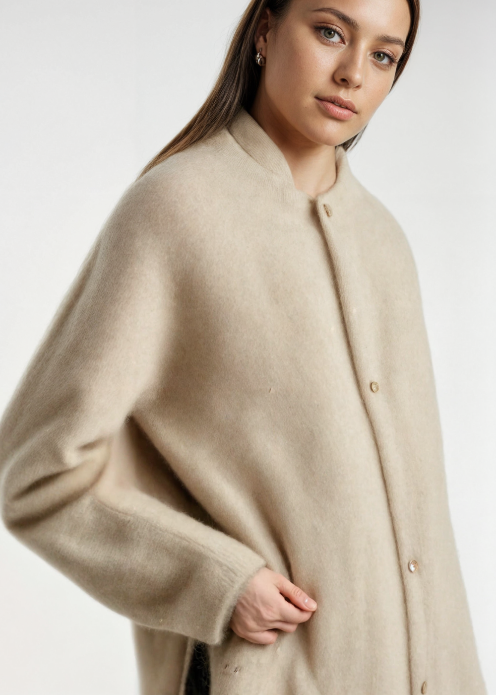 Women Wool Knit Collarless Jacket Cardigan