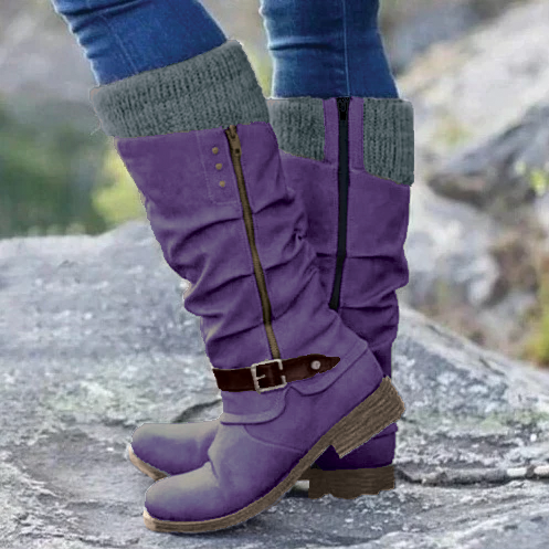 Women's Leather Slouch Boots Mid Calf Knit Cuff