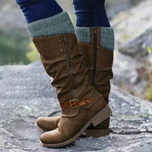 Women's Leather Slouch Boots Mid Calf Knit Cuff