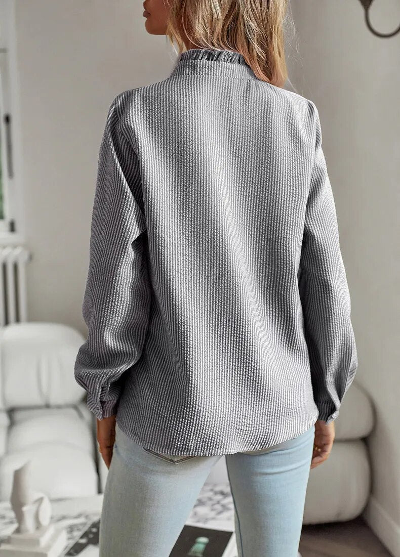 Women's Linen Blend Blouse  Ruffle Stand Collar Long Sleeve Shirt