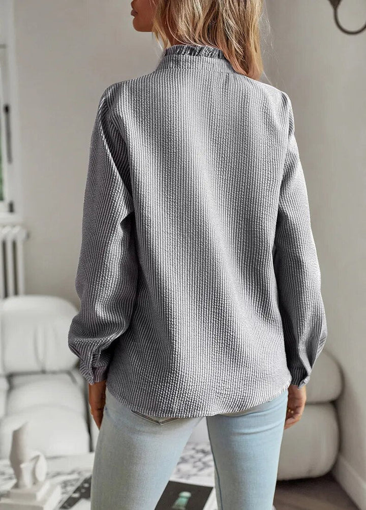 Women's Linen Blend Blouse  Ruffle Stand Collar Long Sleeve Shirt