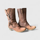 Bottes pour femmes en cuir, talon bas, fermeture éclair, bout rond, mi-mollet