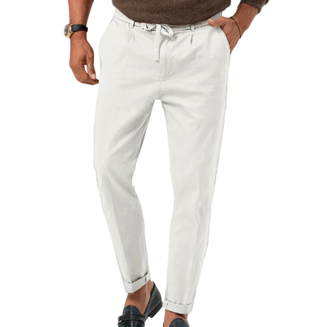 Men's Linen Blend Drawstring Chinos Tailored Tapered Trousers