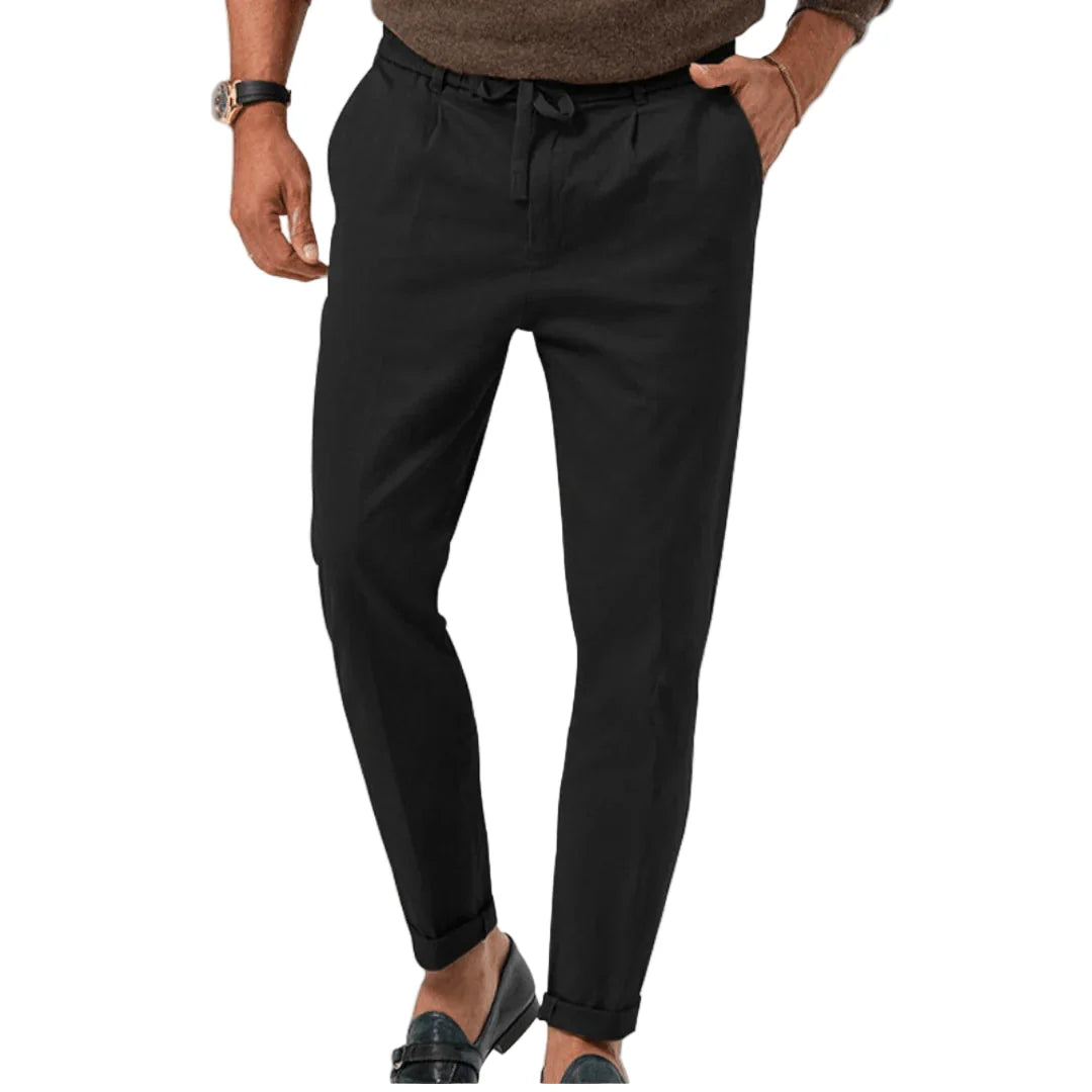 Men's Linen Blend Drawstring Chinos Tailored Tapered Trousers