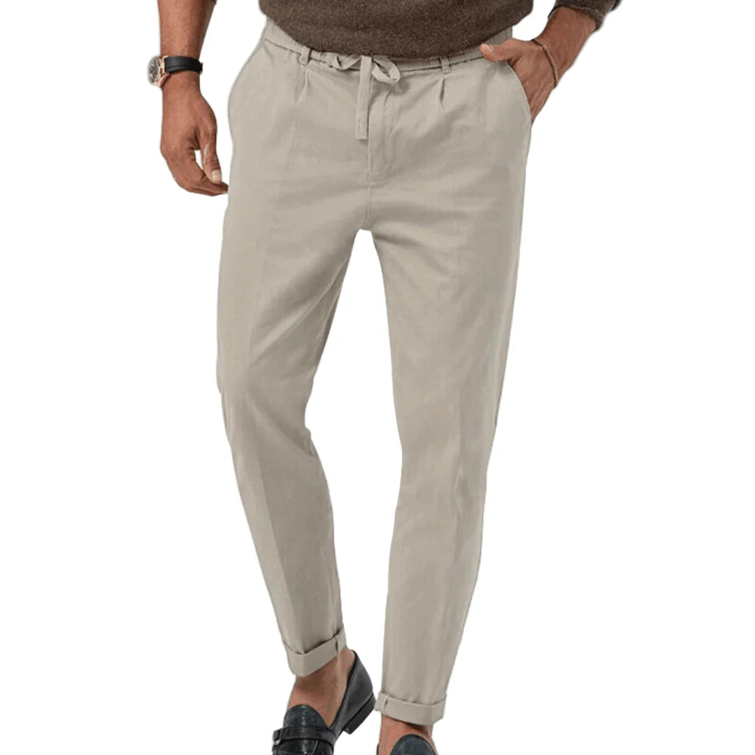 Men's Linen Blend Drawstring Chinos Tailored Tapered Trousers
