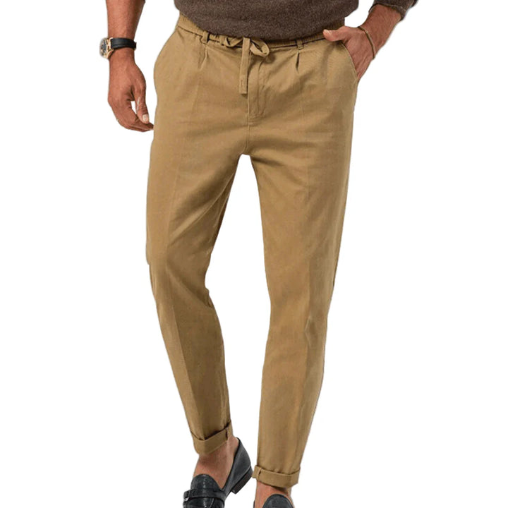 Men's Linen Blend Drawstring Chinos Tailored Tapered Trousers
