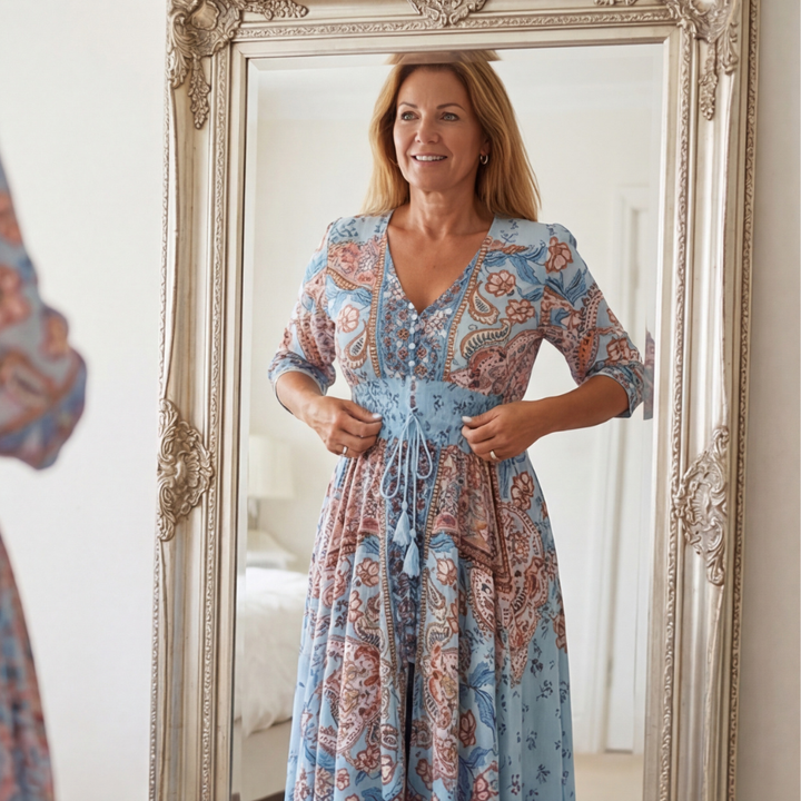 Dámské dlouhé květované šaty na pláž v boho stylu, s dlouhými rukávy, šifonové, na slunce