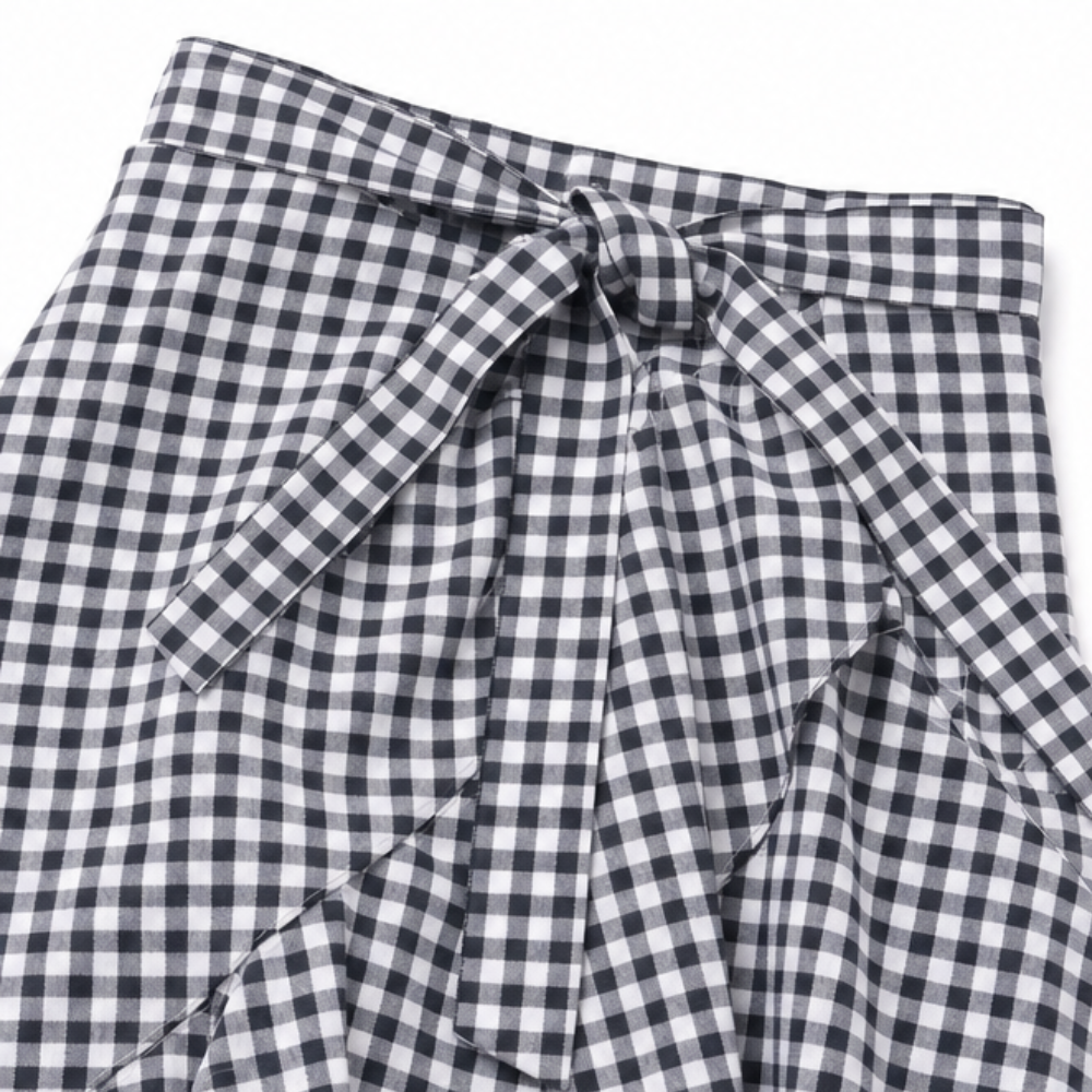 Női lenvászon gingham fodros, magas derekú, kockás maxi szoknya, bokáig érő fazon